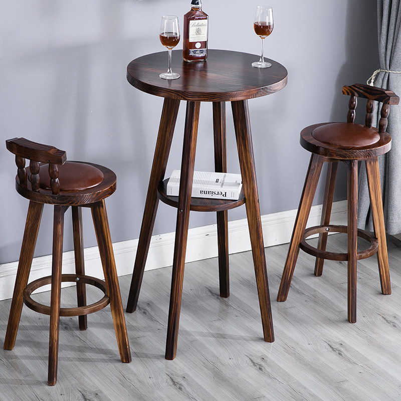 American bar table and chair retro high stool combination cafe solid wood carbonized round table leisure front desk stool