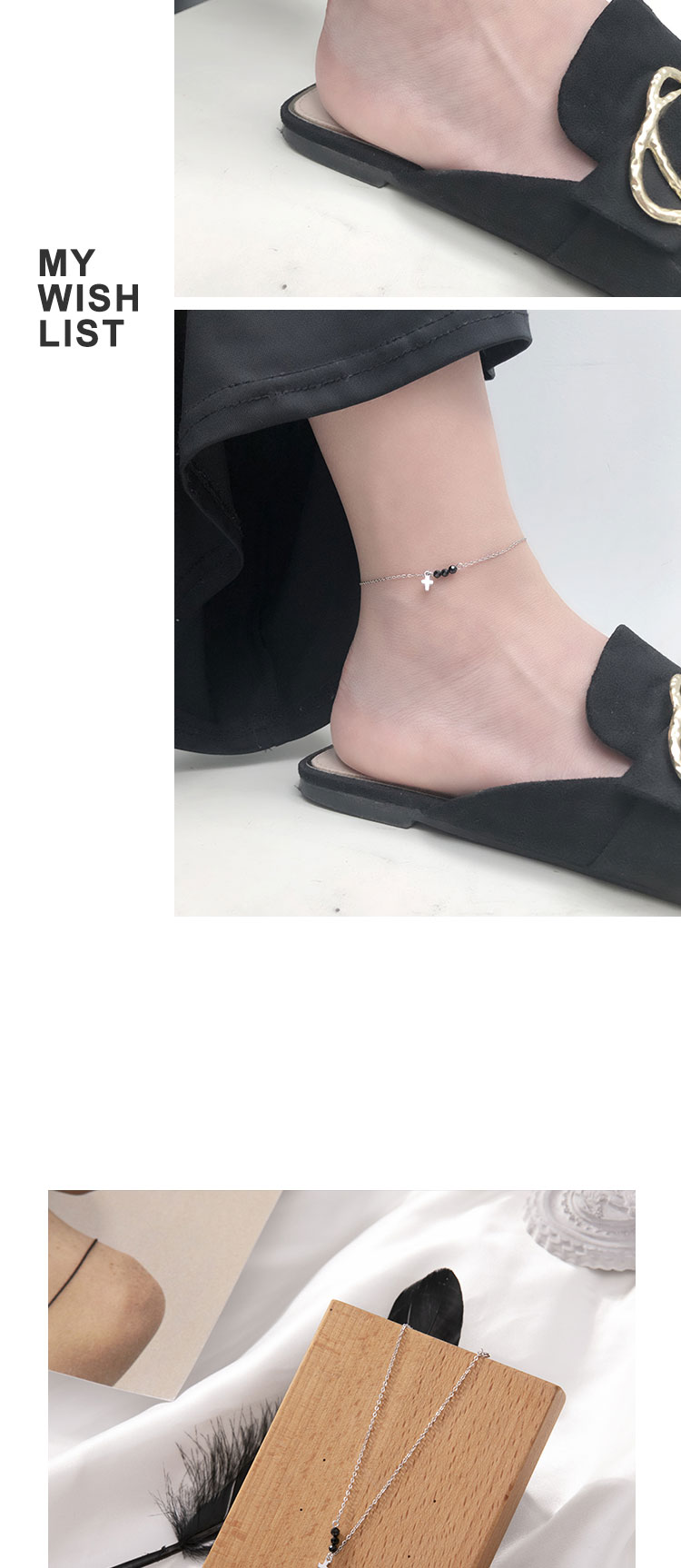 Cho gió muộn tự nhiên màu đen spinel chéo vòng chân 925 sterling bạc nữ đơn giản gợi cảm vòng chân cá tính hoang dã lắc chân nữ vàng đẹp
