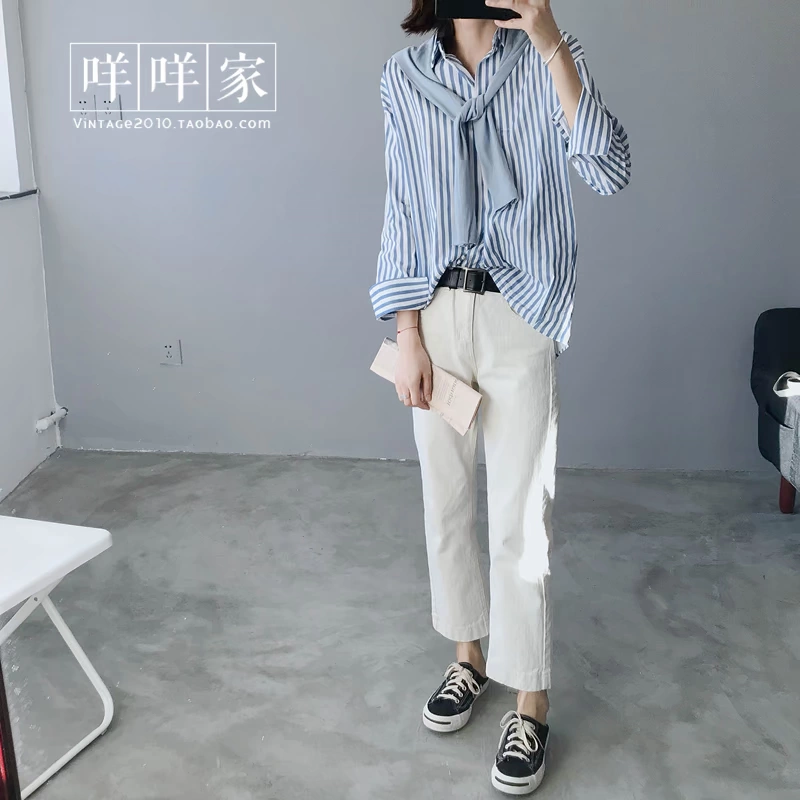 Retro INS gió tương phản màu khảm sọc giả hai mảnh thiết kế 18 nữ mùa thu và mùa đông mới áo sơ mi dài tay áo khoác áo sơ mi lv