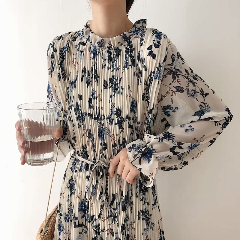 Tận hưởng thời kỳ nở hoa. Khí chất trí tuệ xếp li hoa xếp li voan nữ mùa thu và váy dài mùa thu bên trong váy OP váy đuôi cá dài qua gối