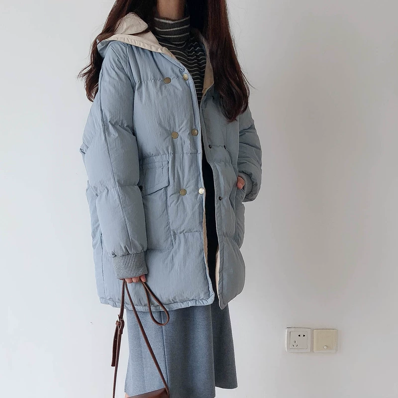 Kết hợp màu sắc và áo choàng dài retro lông bông hoang dã phiên bản nữ Hàn Quốc của mùa đông nữ lỏng lẻo mới dịch vụ bánh mì bông mùa đông quần áo cotton