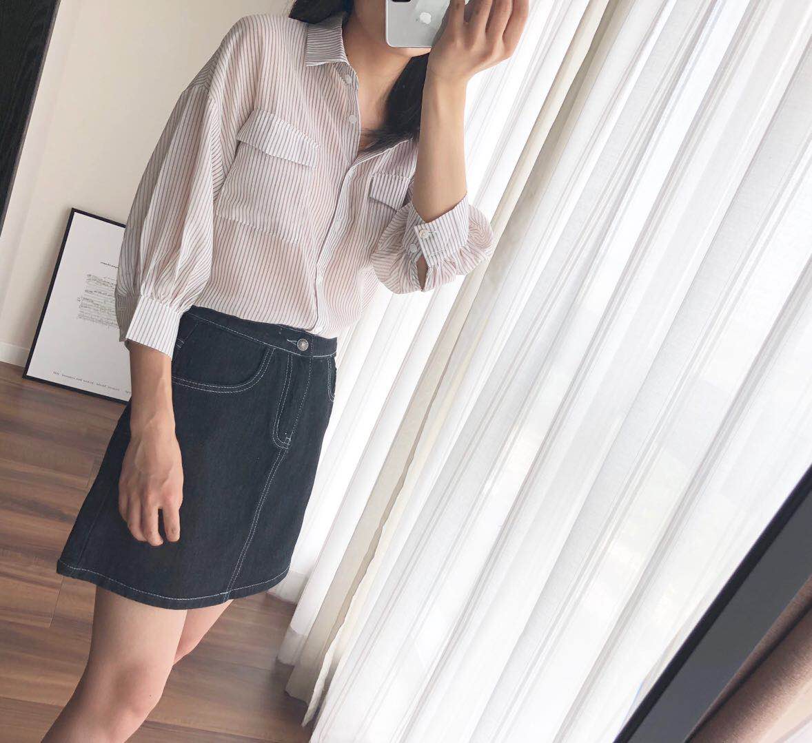 Rất cố định. Retro Hàn Quốc CHIC Tối Texture Sọc Điều Hòa Không Khí Kem Chống Nắng Áo Khoác Khăn Choàng Mặt Trời Bảo Vệ Quần Áo áo sơ mi nữ kiểu đẹp
