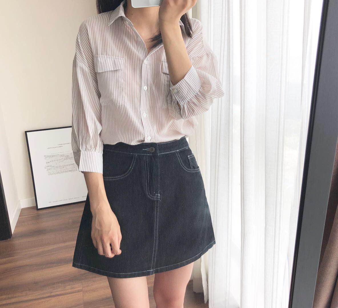 Rất cố định. Retro Hàn Quốc CHIC Tối Texture Sọc Điều Hòa Không Khí Kem Chống Nắng Áo Khoác Khăn Choàng Mặt Trời Bảo Vệ Quần Áo áo sơ mi nữ kiểu đẹp