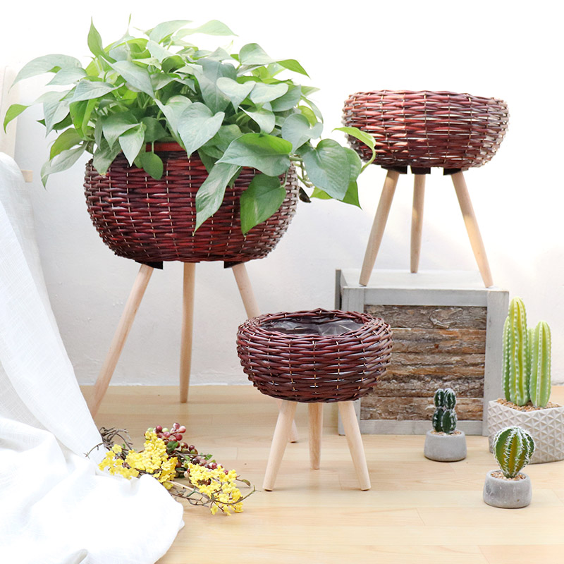 Creative rattan woven willow woven floor-to-ceiling solid wood flower rack Pastoral hand woven flower basket large golden Ge flower pot living room decoration