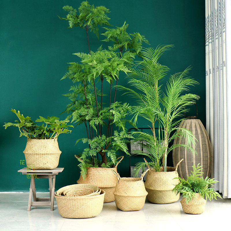 Nordic seaweed rattan flower pot potted plant set pot storage basket hand-woven bamboo floor-to-ceiling large flower basket decorative ornaments