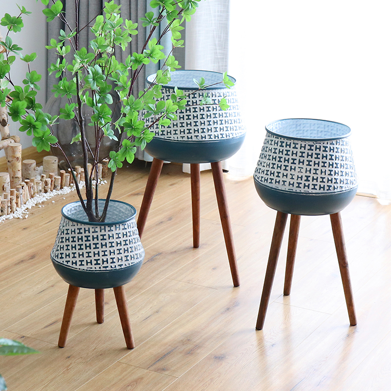 Northern Europe light luxury wood floor stent pot green plant decoration iron art large flower barrel living room balcony