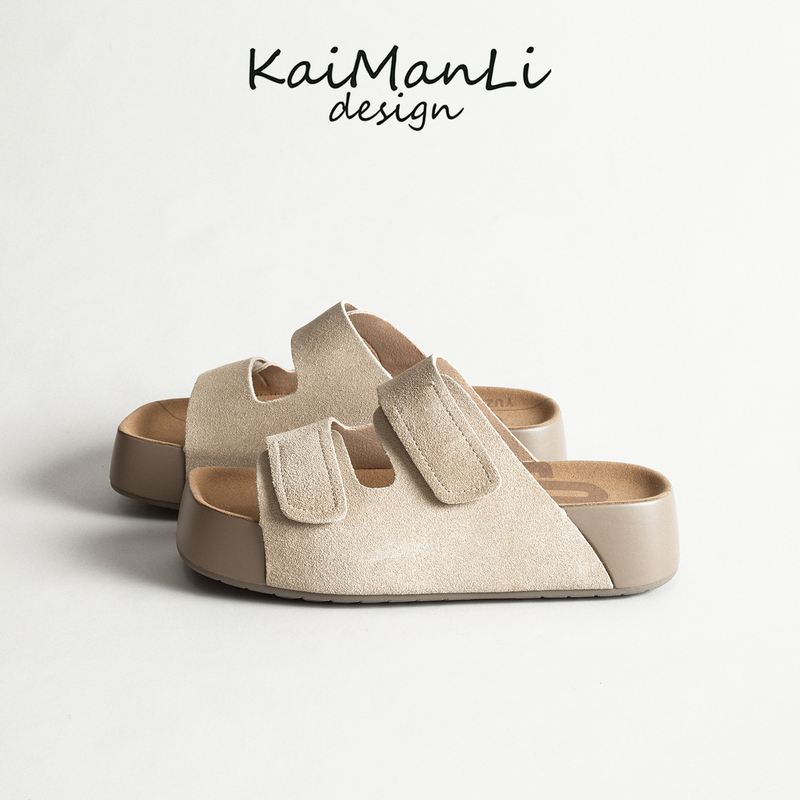 Height Increase of 5cm~ Genuine Leather Velcro Thick-Soled Sandals for Women, Summer Outdoor Wear, 2025 New Style Beach Vacation Toast Slippers