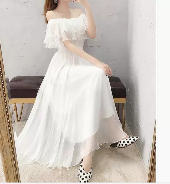4 Ways to Wear It, 2-Layer Summer Chiffon White Dress, Women's Long Dress, Off-Shoulder Princess Dress, Elegant, Waist-Cinching, Slimming