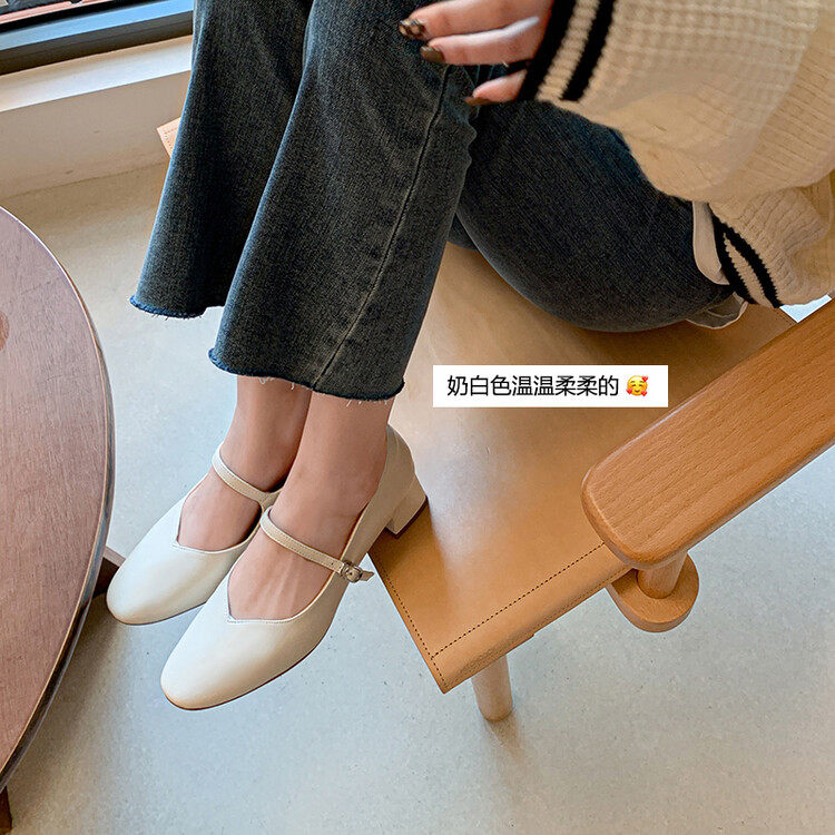 2022 spring and summer new French retro leather small leather shoes shallow pointed toe Mary Jane shoes women's thick heel gentle shoes