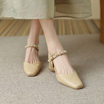 2022 New Head Layer Bull Leather High Heel Shoes Coarse Heel Pearl Single Shoe Baotou Soft Bottom Retro Genuine Leather Sandal Women Summer