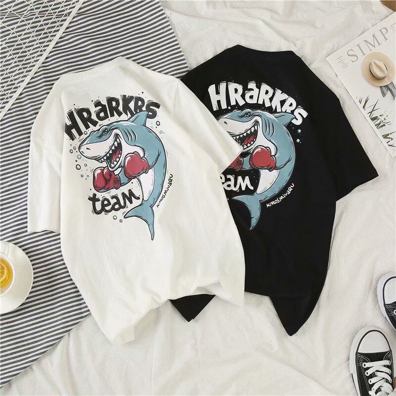 Lazy wind loose tide brand short-sleeved boxing shark T-shirt ins men's fashion lovers white loose simple wild