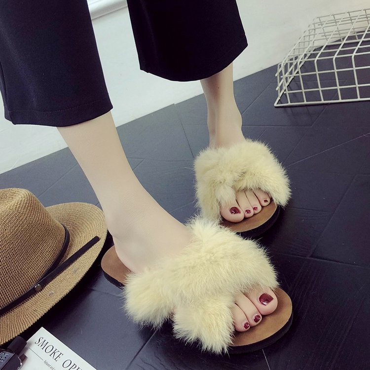 Mùa hè lông xù xã hội siêu lửa cổng gió retro bên ngoài mặc Hồng Kông hương vị sang trọng màu đỏ với đôi dép nữ cùng lông shop giày dép nữ