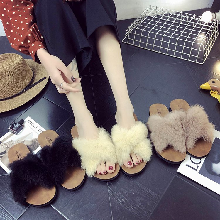 Mùa hè lông xù xã hội siêu lửa cổng gió retro bên ngoài mặc Hồng Kông hương vị sang trọng màu đỏ với đôi dép nữ cùng lông shop giày dép nữ