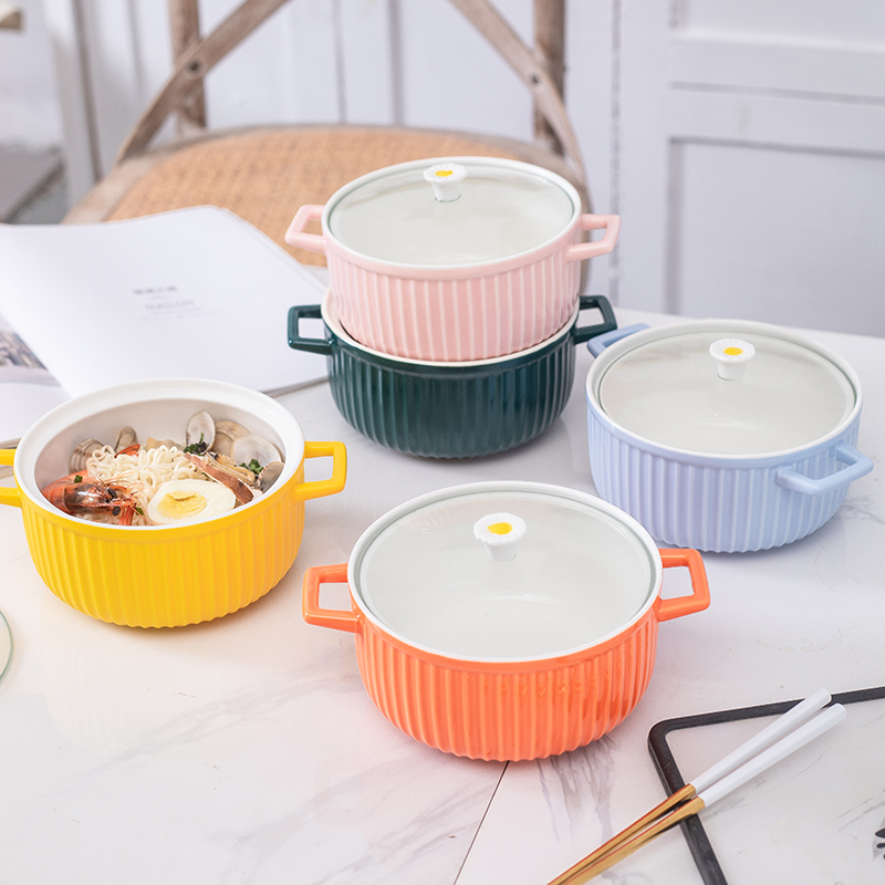 Nordic Ceramic With Lid Double Ear Foam Noodle Bowl Large Number Single Soup Noodle Basin Creative Home Dorm Room Student Salad Bowl