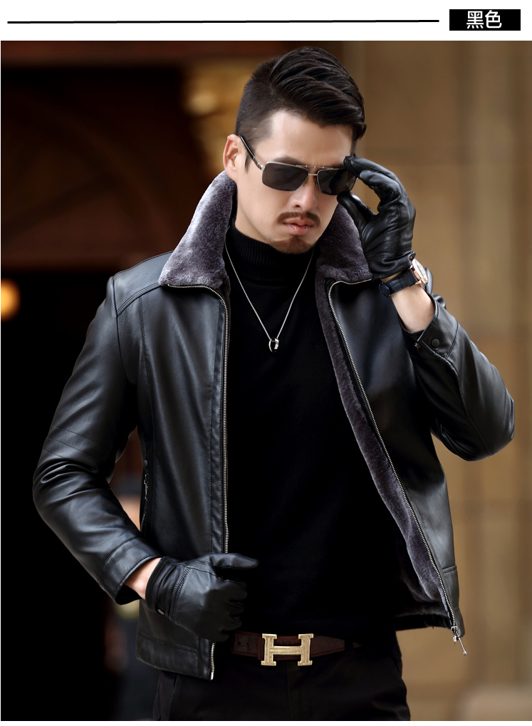 Playboy da nam da cừu cộng với áo khoác da nhung dày trung niên ve áo lông một lớp áo parka nam