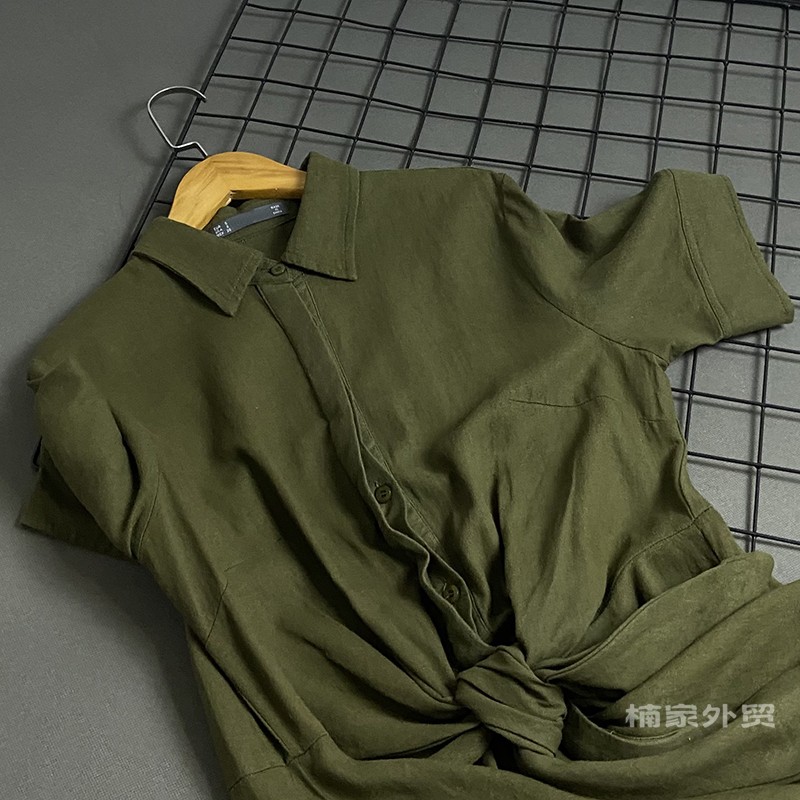 Original d   Real shooting ! summer ma'am Lapel Short sleeve Shirt skirt easy leisure time bow fashion Cotton and hemp Dress