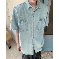 Джинсовая рубашка 做旧破洞牛仔衬衫男士短袖vibe美式垫肩衬衣夏季宽松潮牌工装外套