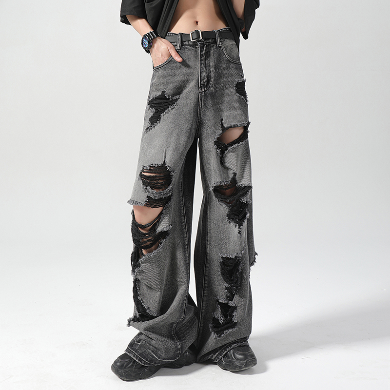 Men's Ripped Distressed Jeans, Autumn Trendy Brand, Loose Fit, Vintage Wide-Leg Pants, American High Street Straight-Leg Floor-Length Trousers