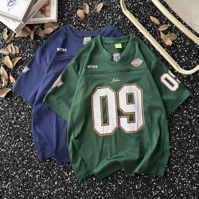 American-Style Digital Print V-Neck Short-Sleeve T-Shirt for Men, Summer Mesh Sports Jersey, Trendy Brand, Ice Silk Quick-Dry Half-Sleeve Top