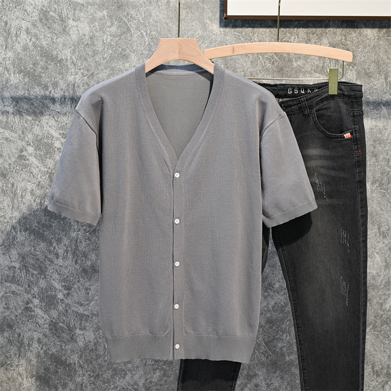 Ice Silk Short-Sleeved Knitwear for Men, Japanese-Style Simple Cardigan Top, Summer Thin Korean Version Bf Trendy Half-Sleeved Jacket