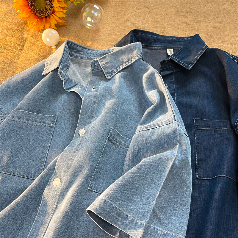 Washed Denim Shirt for Men, Short-Sleeved, Bf American Style, Japanese Style, Versatile Casual Shirt, Summer Loose Trendy Brand Couple Jacket Washed Denim Shirt for Men, Short-Sleeved, Bf American Style, Japanese Style, Versatile Casual Shirt, Summer Loose Trendy Brand Couple Jacket