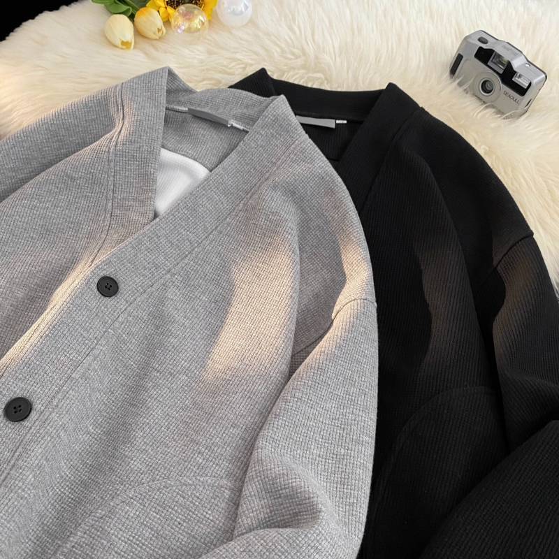 Waffle Knit Jacket for Men, Autumn Loose V-Neck Cardigan Sweatshirt, Japanese Trendy Brand, Student Couple Casual Jacket