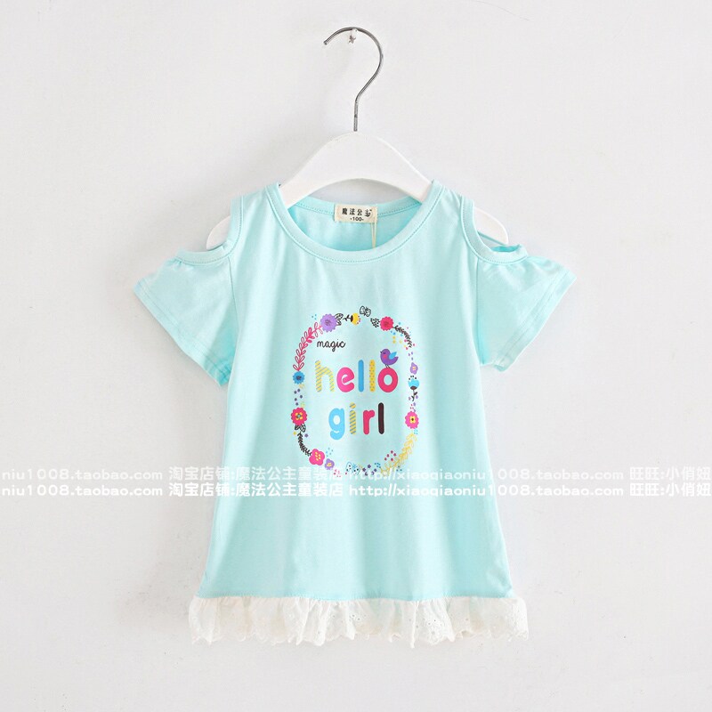 Girls short-sleeved T-shirt summer Korean version children's short-sleeved T-shirt small fragrant shoulder lace skirt top 100 110cm high