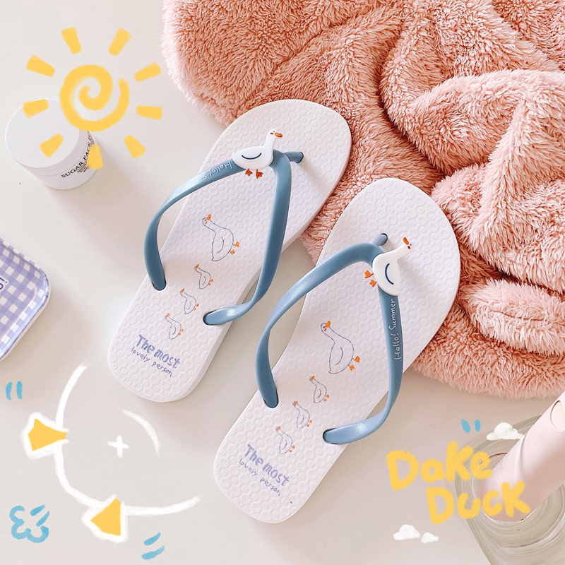 Summer Duck Flip-Flops for Female Students, Non-Slip Pvc Corner Slippers, Cute Girls Flats Beach Shoes, Sandals and Slippers