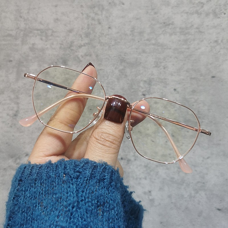 Ultra-light titanium frame myopia glasses frame women's polygon with glasses retro rose gold tide gold wire glasses frame finished product