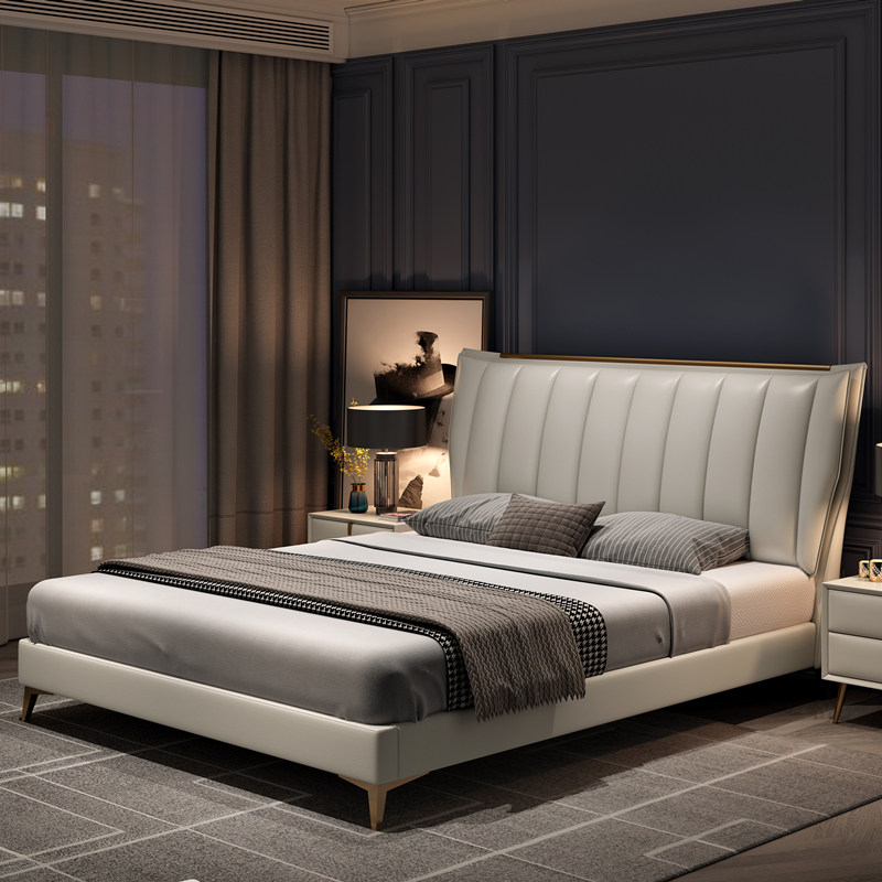 Postmodern light lavish genuine leather bed Nordic minimalist master bedroom double soft bed Italian style 1 8 m small family Ins wedding bed