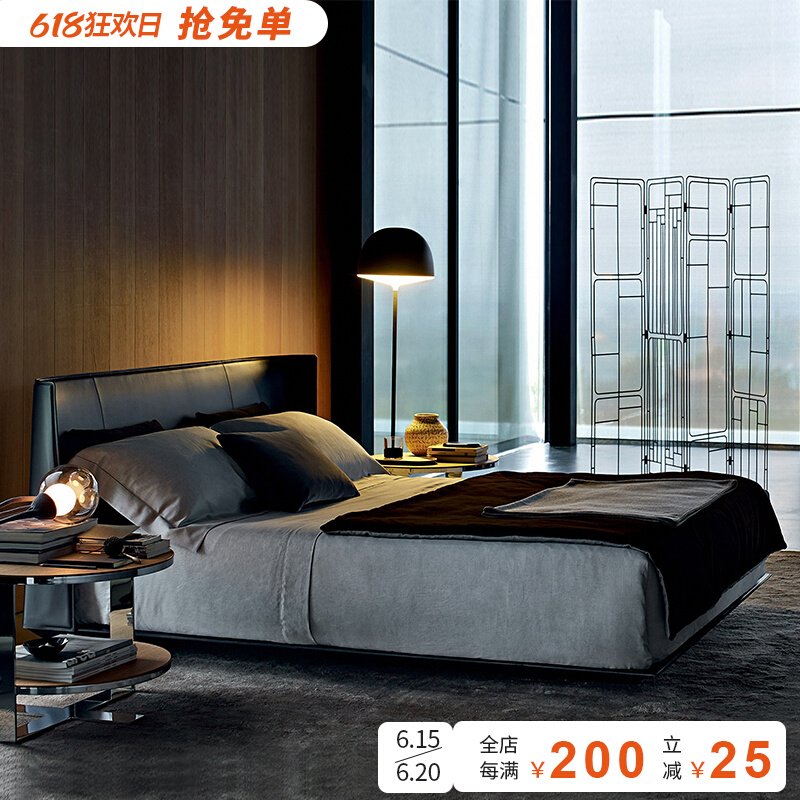 Modern minimalist genuine leather bed Nordic light extravaganza 1 8 m Double beds Small family type Master bedroom with extremely simple Wedding bed Soft bed