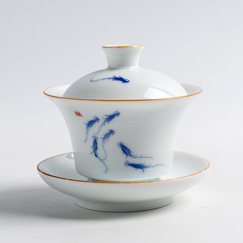 Gaiwan hand-painted Jingdezhen traditional painted blue and white porcelain three-cai cup handmade Kung Fu tea with large tea bowl