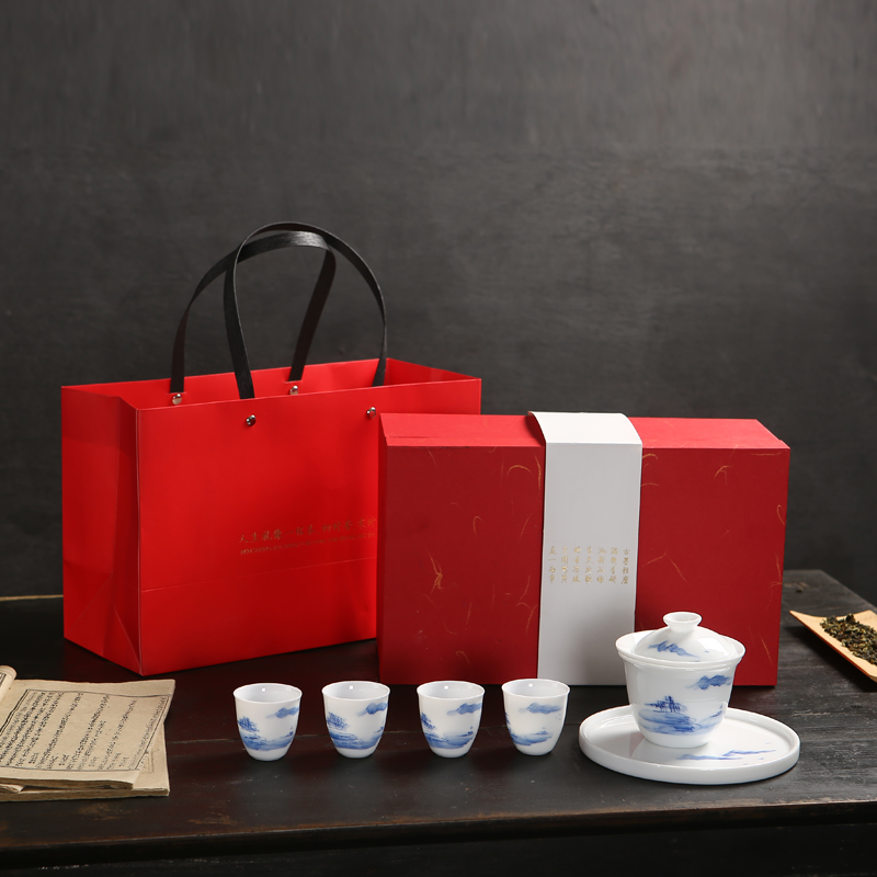 Kung Fu Tea Set Dehua White Porcelain Hand-painted Blue and White Porcelain Suet Jade Porcelain Home Simple Dry Foam Plate Ceramic Gift