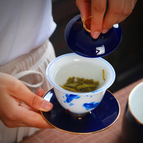 Cover bowl large hand-painted blue and white porcelain enamel color handmade kung fu tea set Jingdezhen gold three cup large tea