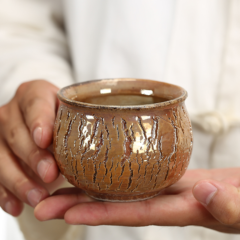 Gu Pin hand works Teacup wood burning hand pull blank teacup Large vintage handmade master cup coarse ceramic burst pattern