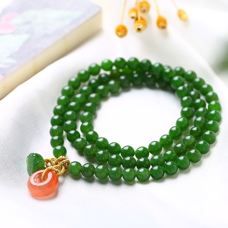 Natural Russian Hetian jade jasper 6mm three-circle hand Zhengyang green spinach green round beads diy original design