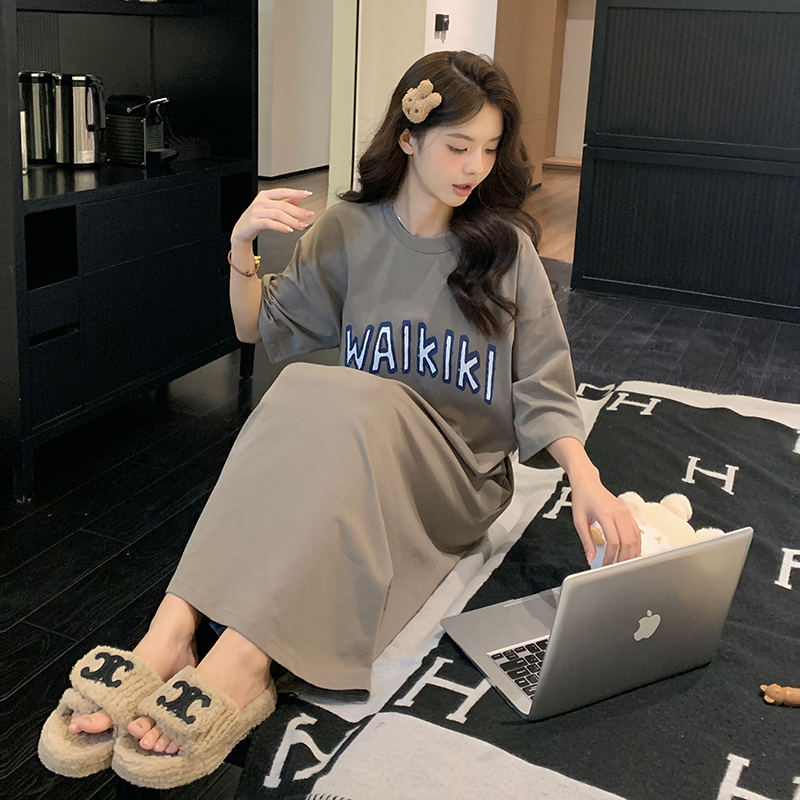 With Chest Cushion Sleeping Skirt Woman Summer Pure Cotton Loose big code Summer New Korean version Short sleeves Long style pyjamas can be worn outside-Taobao