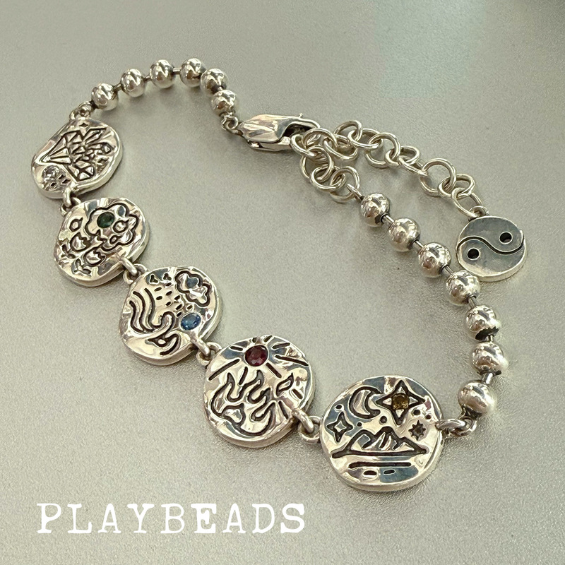 Playbeads Original Design S925 Sterling Silver Gold Wood Water Fire Earth Five Elements Balance Colorful Zircon Vintage Bracelet