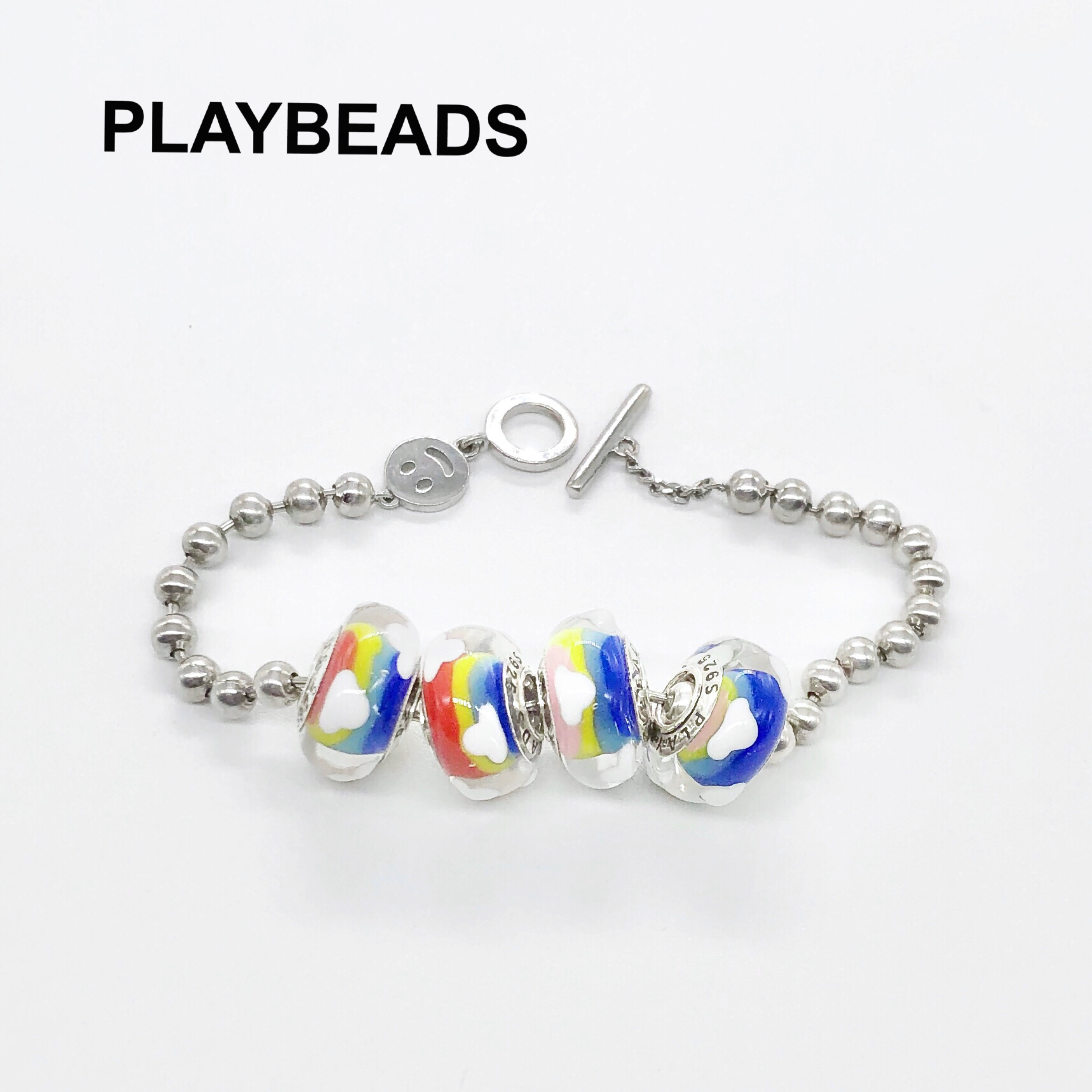 PLAYBEADS ORIGINAL DESIGN S925 STERLING silver beaded jewelry bracelet cute rainbow white clouds and glass two COLORS
