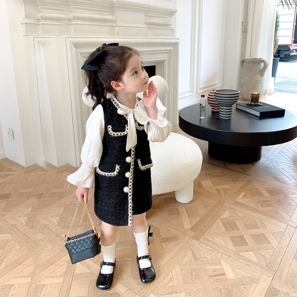 Girl's small fragrant wind medium long version coat polenta mesh red child clothing 2022 fall Fake two pieces sleeves coat jacket coat