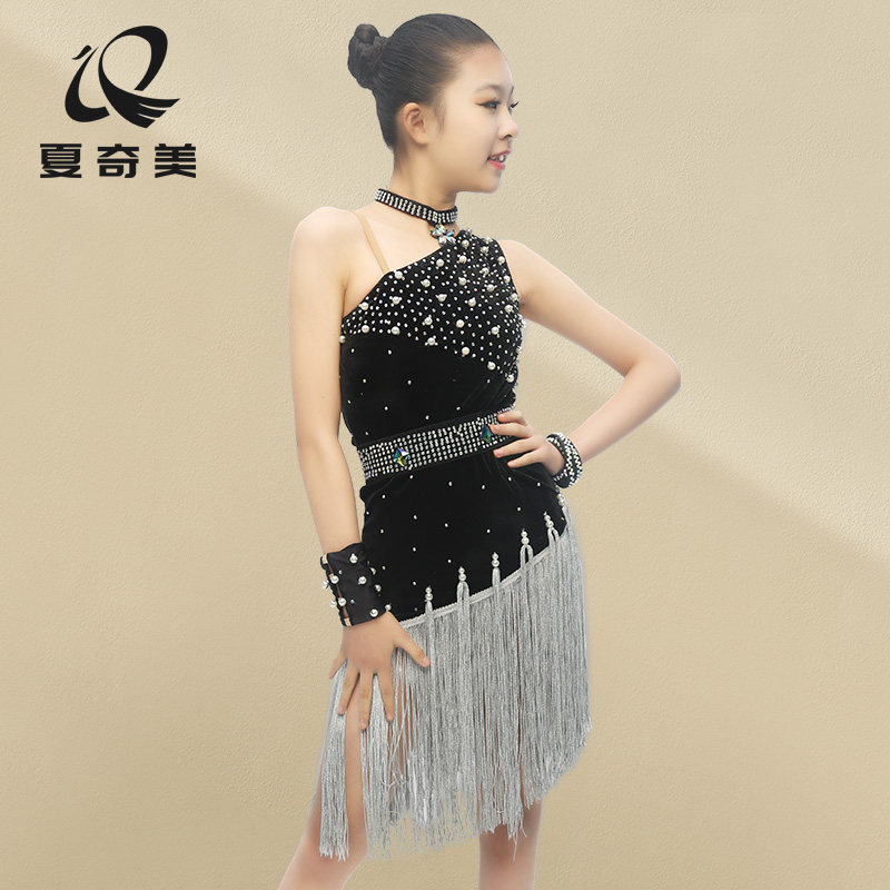 Children's Latin dance competition costume slanted shoulder velvet adult performance costume diamond flower costume costume tassel dress