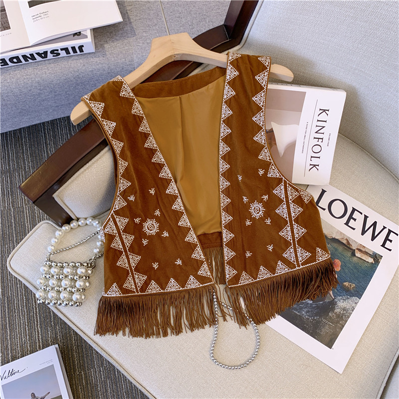High-Quality Boutique Items from the Store: Ethnic Style Western Cowboy Brown Suede Embroidered Vest, Short Versatile Cardigan Jacket
