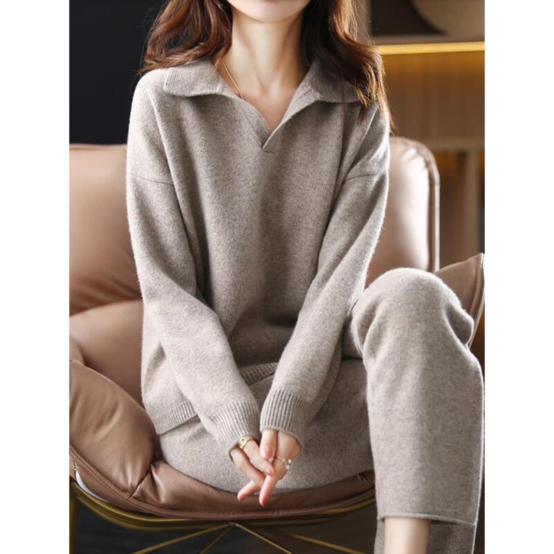 Clearance Sale: Hot Item Off-Season Collection - Lapel Sweater and Wide-Leg Pants Casual Fashion Knitted Cashmere Two-Piece Set for Women