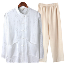 Chinese style retro costume Tang suit mens thin shirt middle-aged and elderly cotton Dad long sleeve suit linen grandfather
