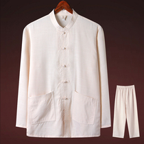 Chinese style retro costume Tang suit male summer thin middle-aged and elderly linen father long sleeve grandfather cotton linen suit Haiqing