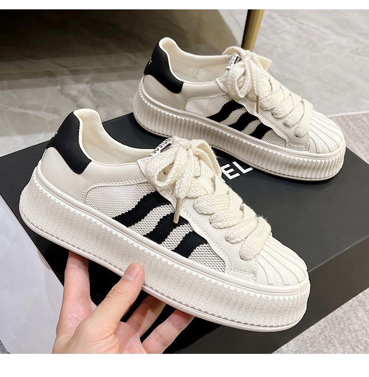 Shell-Toe White Sneakers for Women, 2026 Spring/Summer, Genuine Leather, Thick-Soled, Dual-Wear Sneakers, Shallow Mesh Flats, Large Size Women's Shoes
