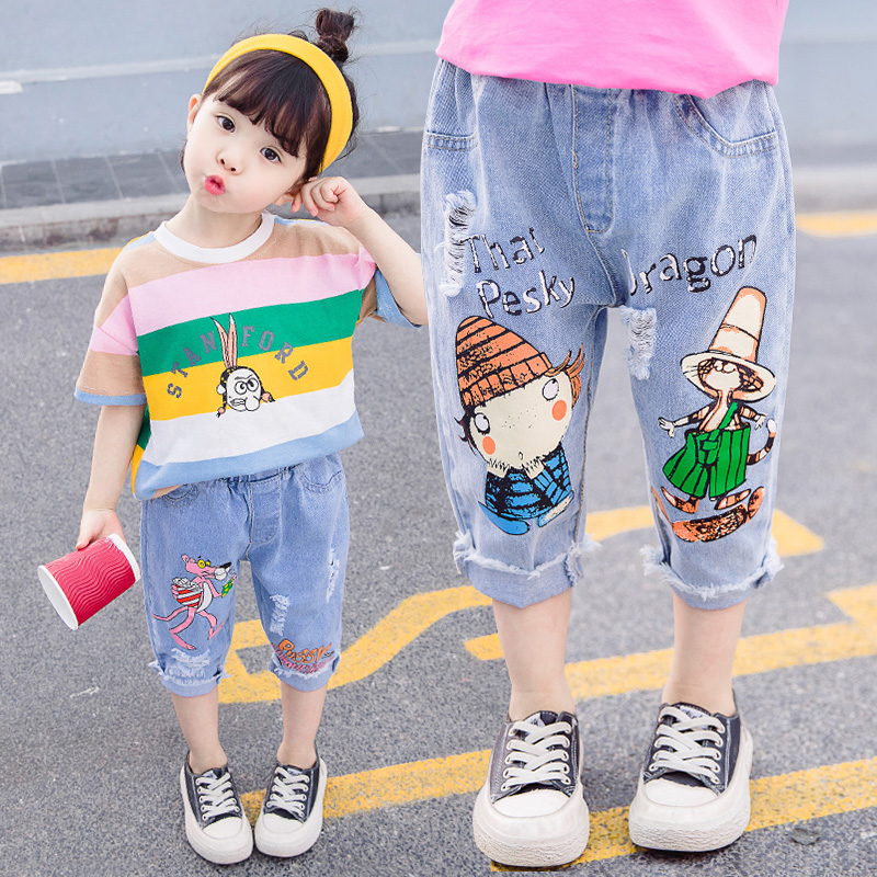 Boys' denim shorts summer thin section children's ripped cropped pants male baby five-point pants summer dress Western style girls pants