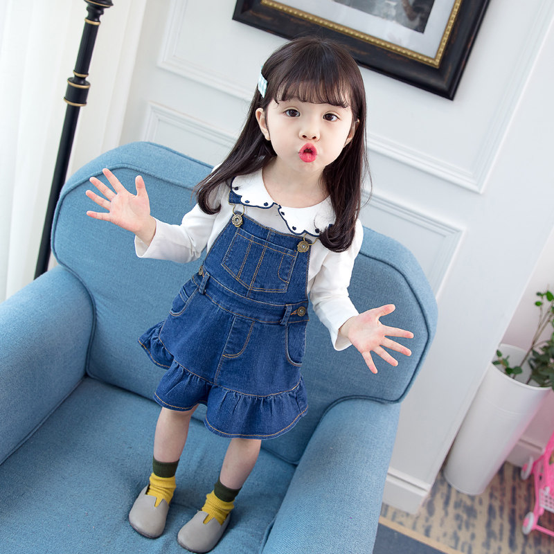 Girls denim baby bag skirt spring and autumn 1 Western style Korean version 3-year-old children's suspender skirt 2 autumn 5 little girl princess skirt