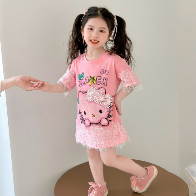 ເດັກຍິງແຂນສັ້ນ T-shirt summer lace ເສື້ອທີເຊີດ