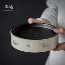 Ash glaze tin lid pot water tea residue cylinder Hand-painted begonia flower water storage tea tray Round hand-made dry bubble tray